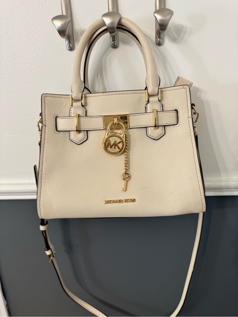 Michael Kors Cream Leather Satchel with Gold Accent Hardware